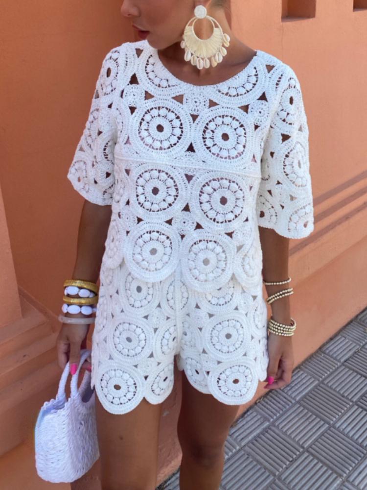 Сексуальные полые вязаные крючком комплекты из двух предметов, женские футболки с короткими рукавами + свободные шорты с высокой талией, женская мода, шикарные однотонные уличные пляжные костюмы