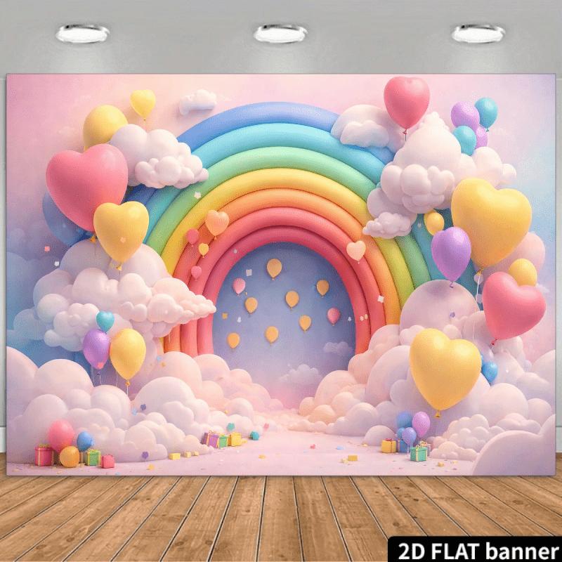 2D flat banner, grand rainbow-themed background fabric, pink and blue gradient sky, giant rainbow archway