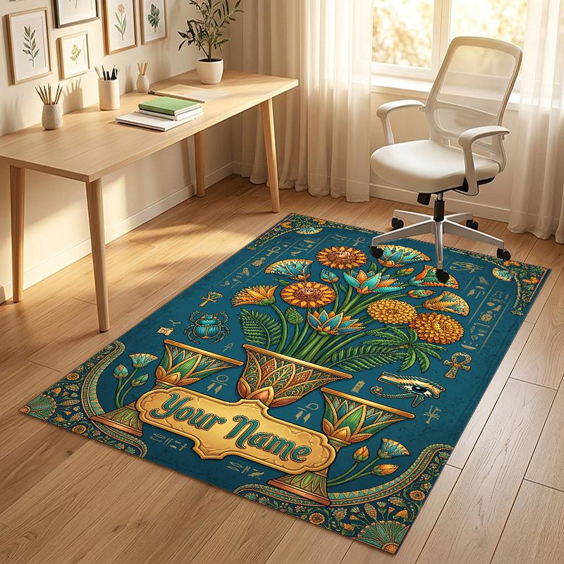 Egyptian Flower Theme Soft Crystal Velvet Rug Custom Name & Text Print Non Slip Floor Rug for Bedroom Living Room