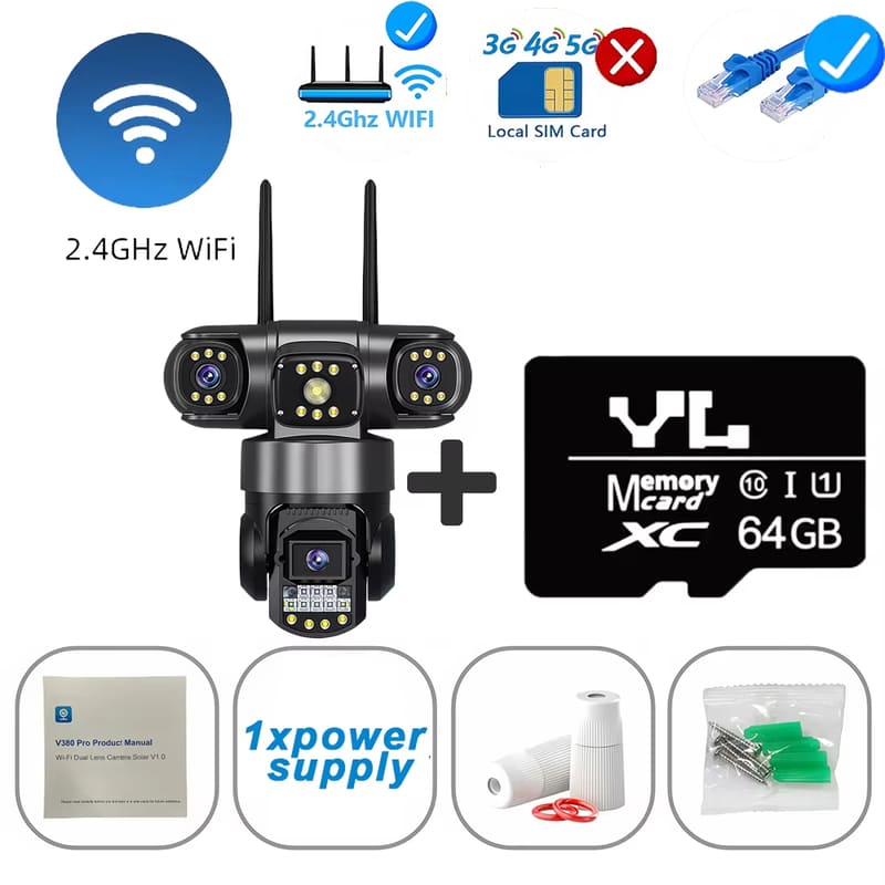 12-мегапиксельная тройная камера IP66 с ночным видением и функцией обнаружения человека с помощью искусственного интеллекта, WiFi-камера видеонаблюдения V380 Pro 4G, SIM-карта, IP-камера безопасности