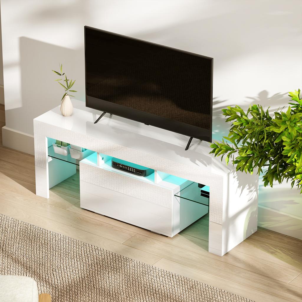 TV Cabinet TV Stand With RGB LED Lighting High Gloss Tempered Glass Shelves 120x34x45cm White