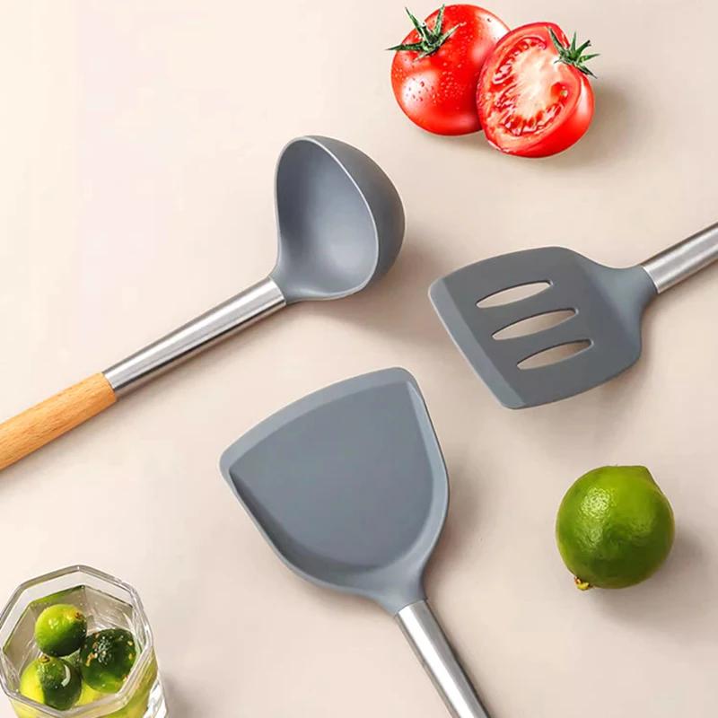 4 шт. кухонных принадлежностей, силиконовые наборы инструментов для приготовления пищи, антипригарная лопатка, лопатка для яиц с деревянной ручкой, сито для лапши, ложка для супа