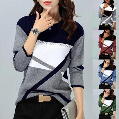 Женская зимняя мода с контрастным позиционированием и принтом с круглым вырезом и длинными рукавами