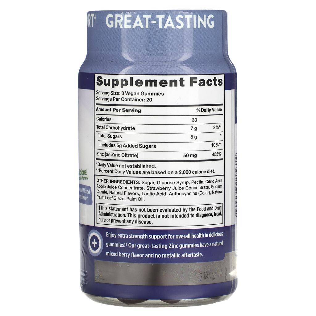 Nature's Truth Extra Strength Zinc, Natural Mixed Berry, 50 Mg, 60 Veggie Gummies
