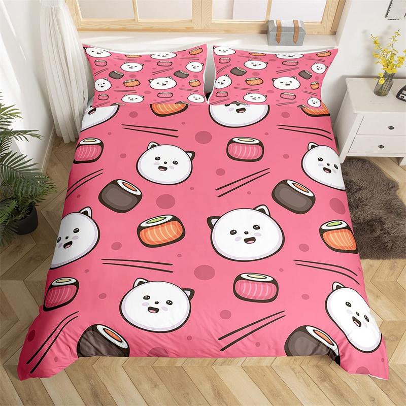 Cartoon Sushi Food Duvet Cover Twin For Kids Teen Microfiber Japanese Cuisine Bedding Set Kawaii Cat Cherry Blossoms Quilt Cover