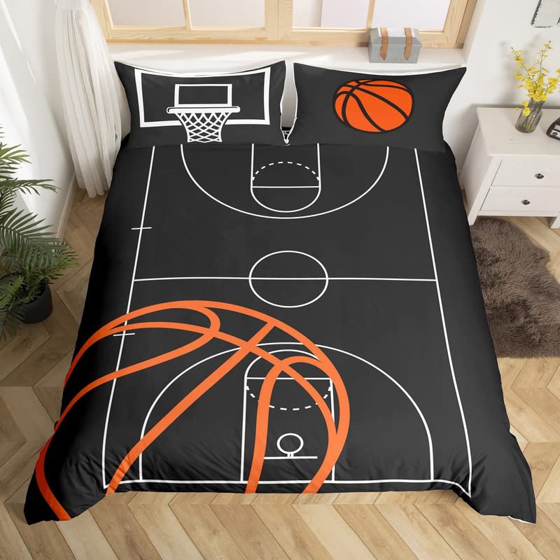 Basketball Duvet Cover Set Queen,Sports Gaming Comforter Cover For Boys Girls,Black Graffiti Bedding Set Sports Bedspread Cover
