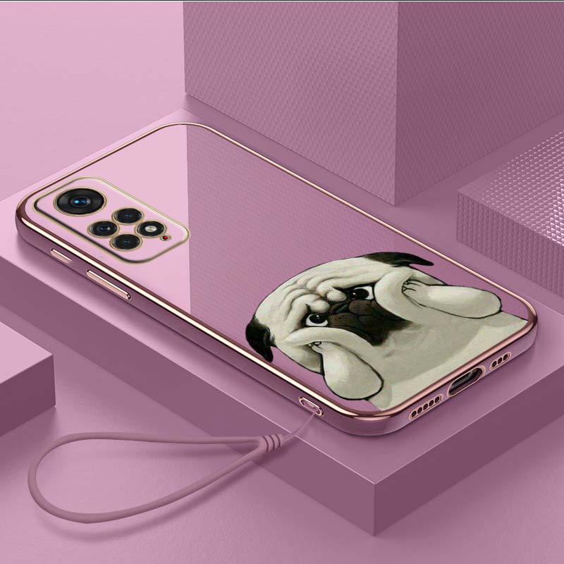 Luxury Plated TPU Phone Case With Lanyard for Xiaomi Poco F4 F5 M4 M5 X3 X4 X5 13T Redmi Note 10S 11S 10C 13C Cases A24 Animal Cute Pug Dog Cover