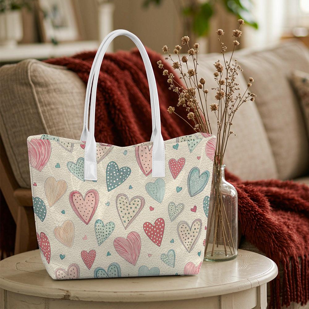Sweet Heart Pattern Tote Bag Casual Daily Use Portable Lightweight Handbag for Women Outdoor Shopping