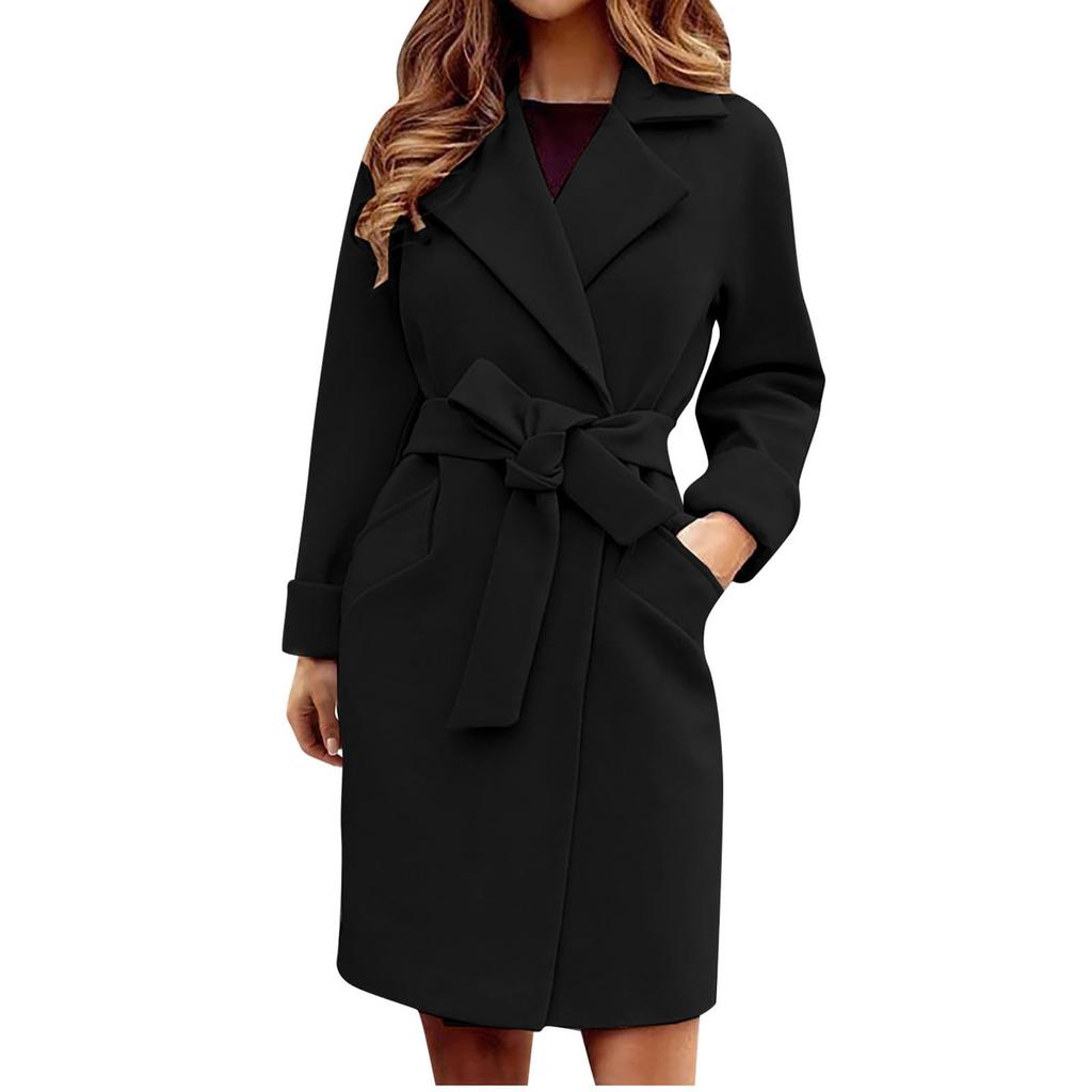 Autumn Winter Coats For Women Wool Blend Long Jackets Turn Dowmn Collar Slim Belt Bandage Outerwear Overcoat