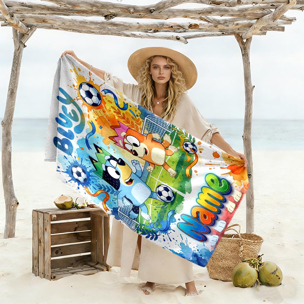 Soccer Fun Bluey Personalized Name Beach Towel Super Soft & Absorbent Ideal for Travel Outdoor Swim Pool Yoga Surf Camping Hiking Gym Gift Holiday