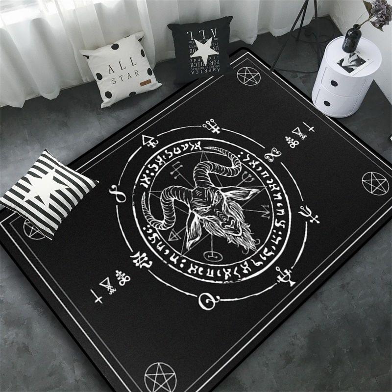 Triple Moon and Pentagram Altar or Tarot Witchy Floor Mat Black Witch Rug Gothic Decor phases Divination Runic carpet
