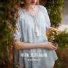 Fragrant Shadow Yellow Embroidered Tie Dyeing Shirt for Women, 2026 Summer New Round Neck Loose Doll Shirt, Bubble Sleeves Thin Top