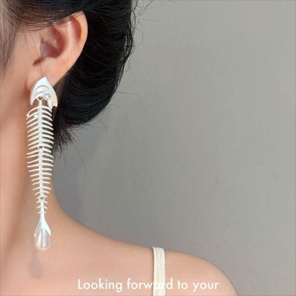 Punk Gothic Fish Bone Pearl Earrings Fishbone Shaped Drop Earrings Exaggerated Eardrop  Women