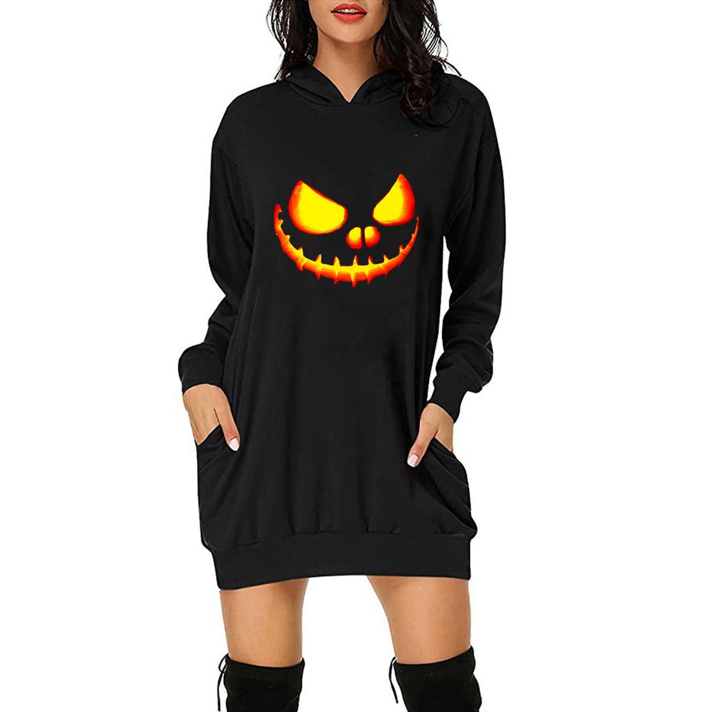 Women Casual Fashion Loose Plus Size Halloween Print Long-Sleeve Blouse Dress