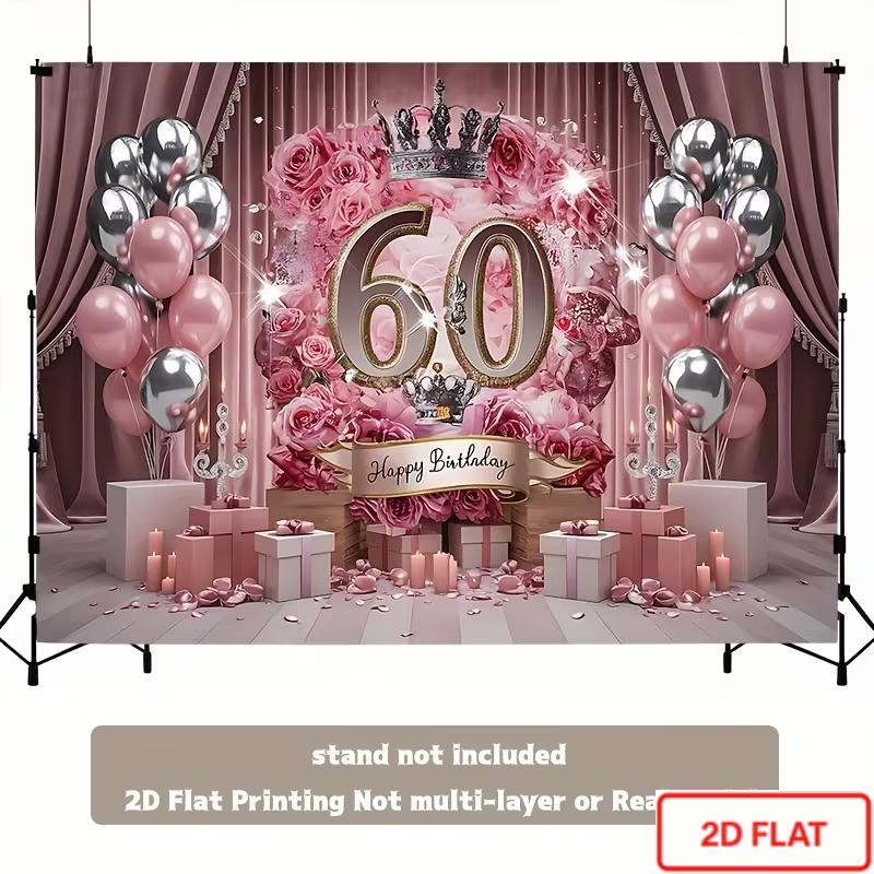 2D 2D Flat Printing Pink Silver 60th Happy Birthday Backdrop for Photo Booth