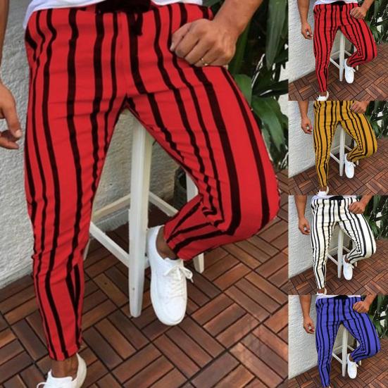 Повседневные мужские брюки с принтом в вертикальную полоску, эластичным поясом и карманами, длинные, облегающие