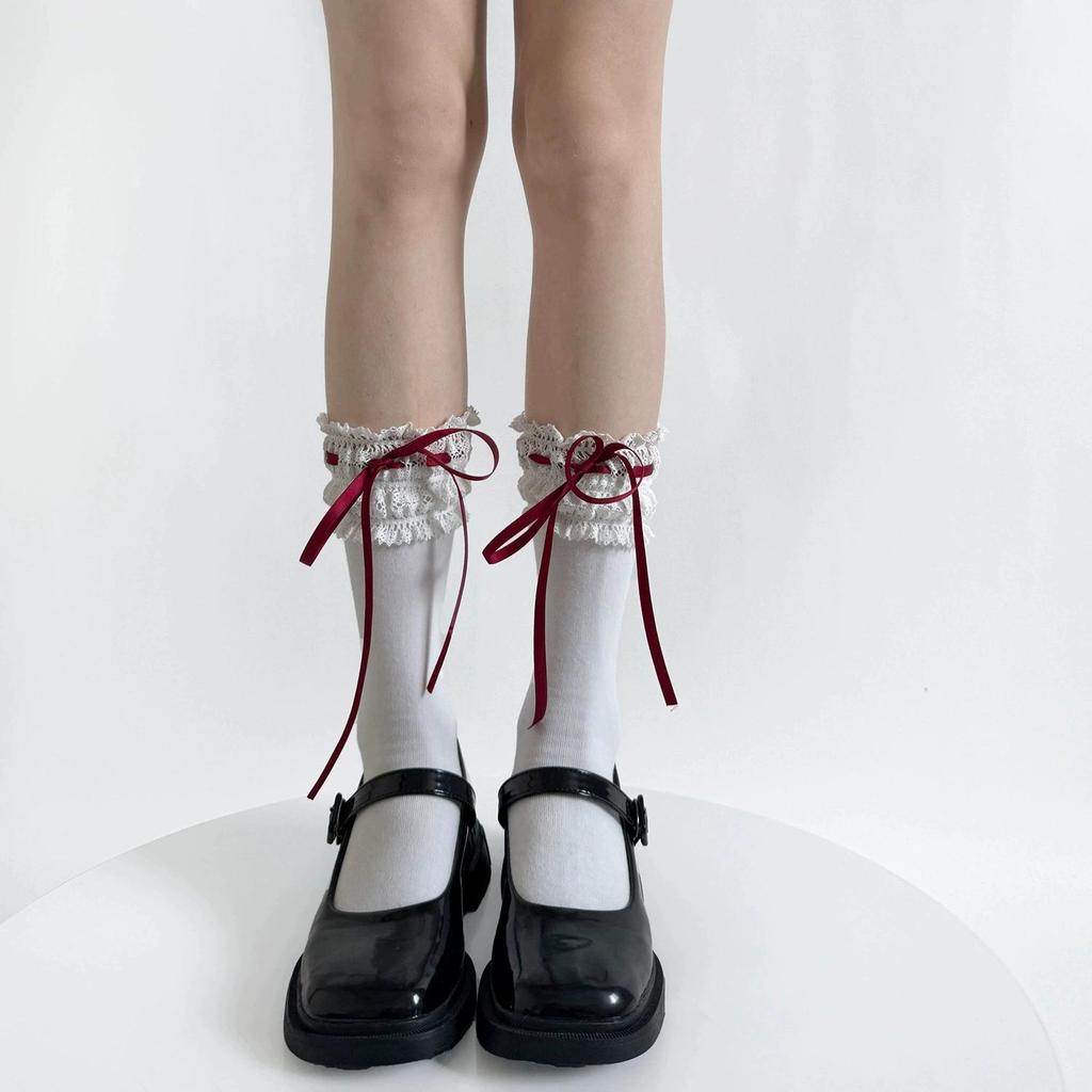 Pure Cotton Lolita Wide Lace Ribbon Bow Socks - Spring Mid-Calf Sweet Desire Style