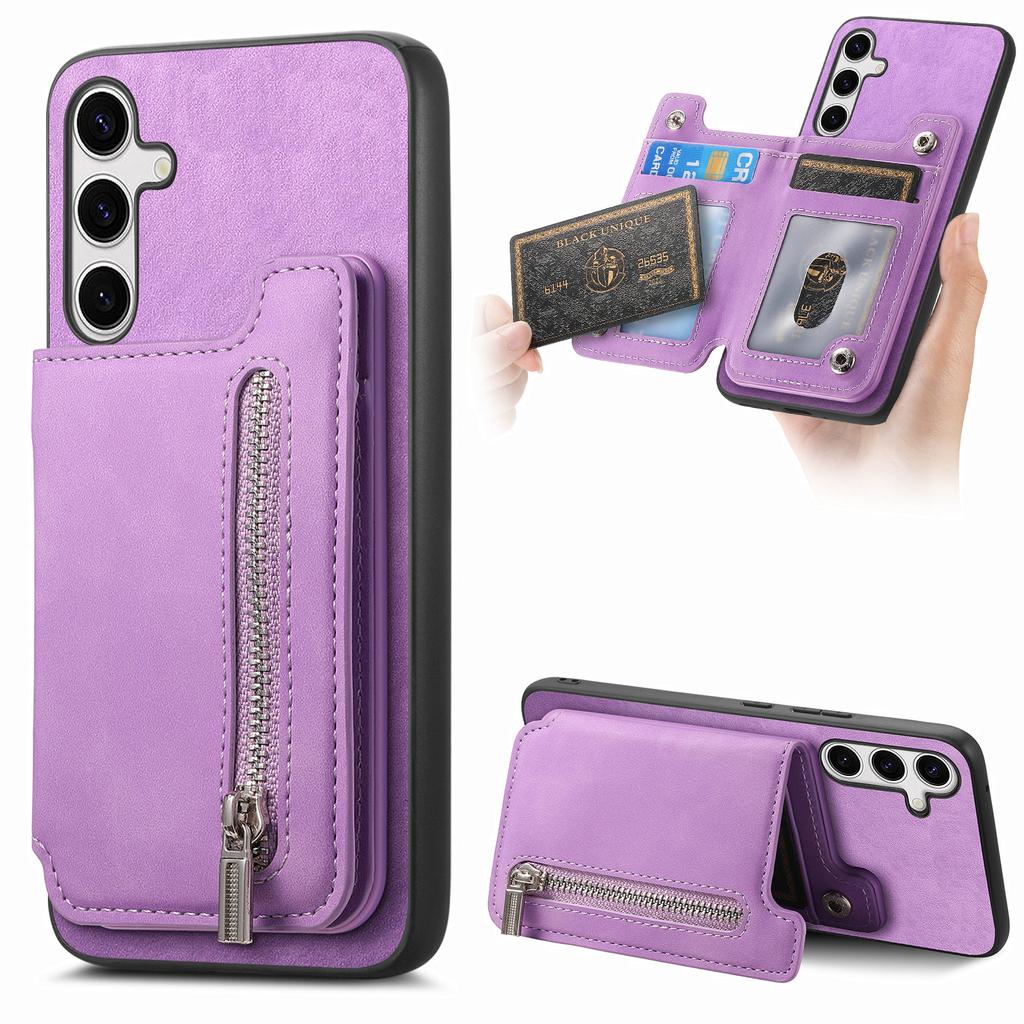 For Samsung Galaxy S25+ Case Magnetic Detachable Zipper Card Holder Leather Phone Back Cover