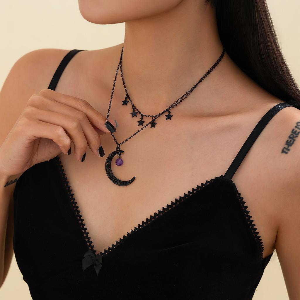 Moon Pendant Collarbone Chain Halloween Creative Star Alloy Necklace Multi-Layer Dark Style Party Daily Commuter for Women
