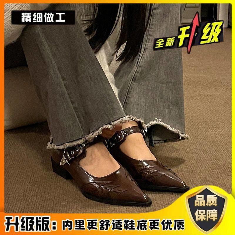 Остроносые одинарные туфли женские весенние ретро однословные пряжки с легким ртом на низком каблуке маленькие кожаные туфли нишевая редкая обувь