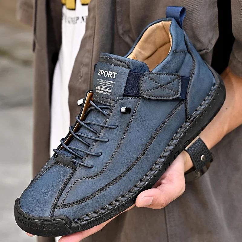 2024 Hand-stitched Leather Men Outdoor Light and Non-slip Walking Hiking Shoes Men Big Size 47 48 Slip-On Driving Loafers