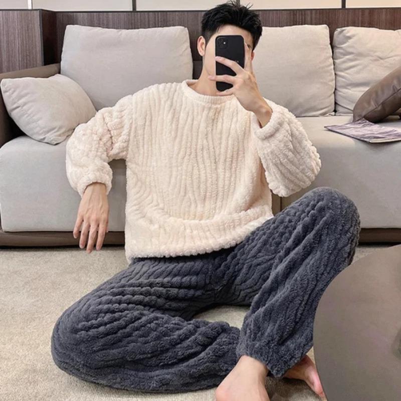 Autumn and Winter Flannel Pajamas Men's Thicken Coral Fleece Youth Student Warm Korean Pijamas Casual Loungewear