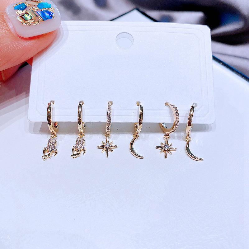 ANENJERY Zircon Rocket Stars Moon Hoop Earrings For Women Simple Shiny 6-piece Earring Set