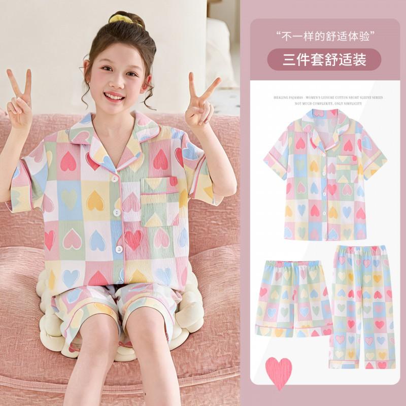 Girls Cotton Pajama Set 3pcs Short Sleeve Cartoon Print Sleepwear Kids 8 Years