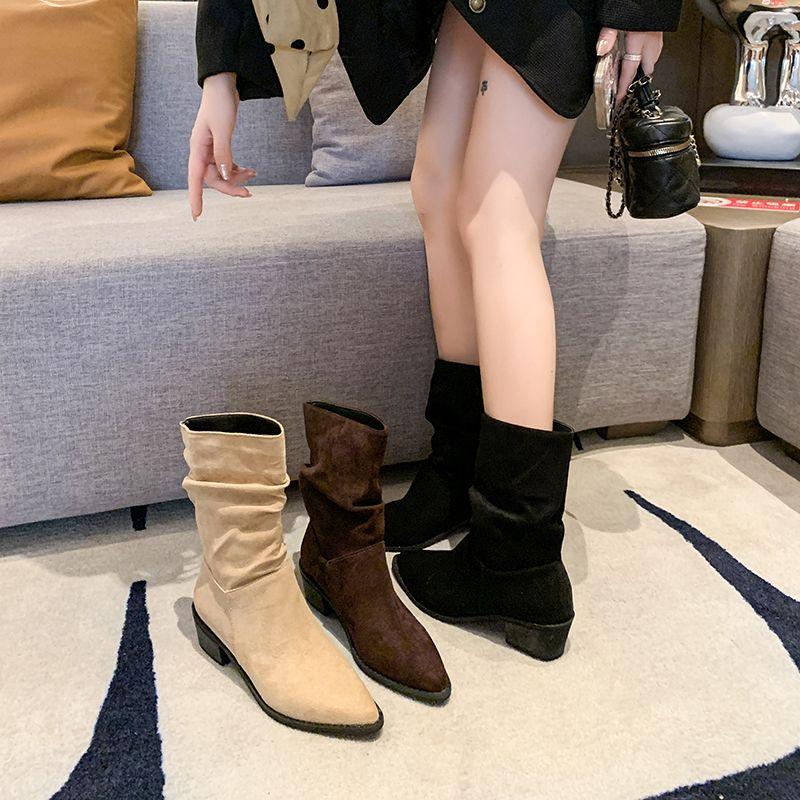 Middle Heel Pointed Toe Women's Half High Boots Spring Autumn Gothic Ladies Mid Calf Shoes Chic and Elegant Trend 2025 Boot Sale