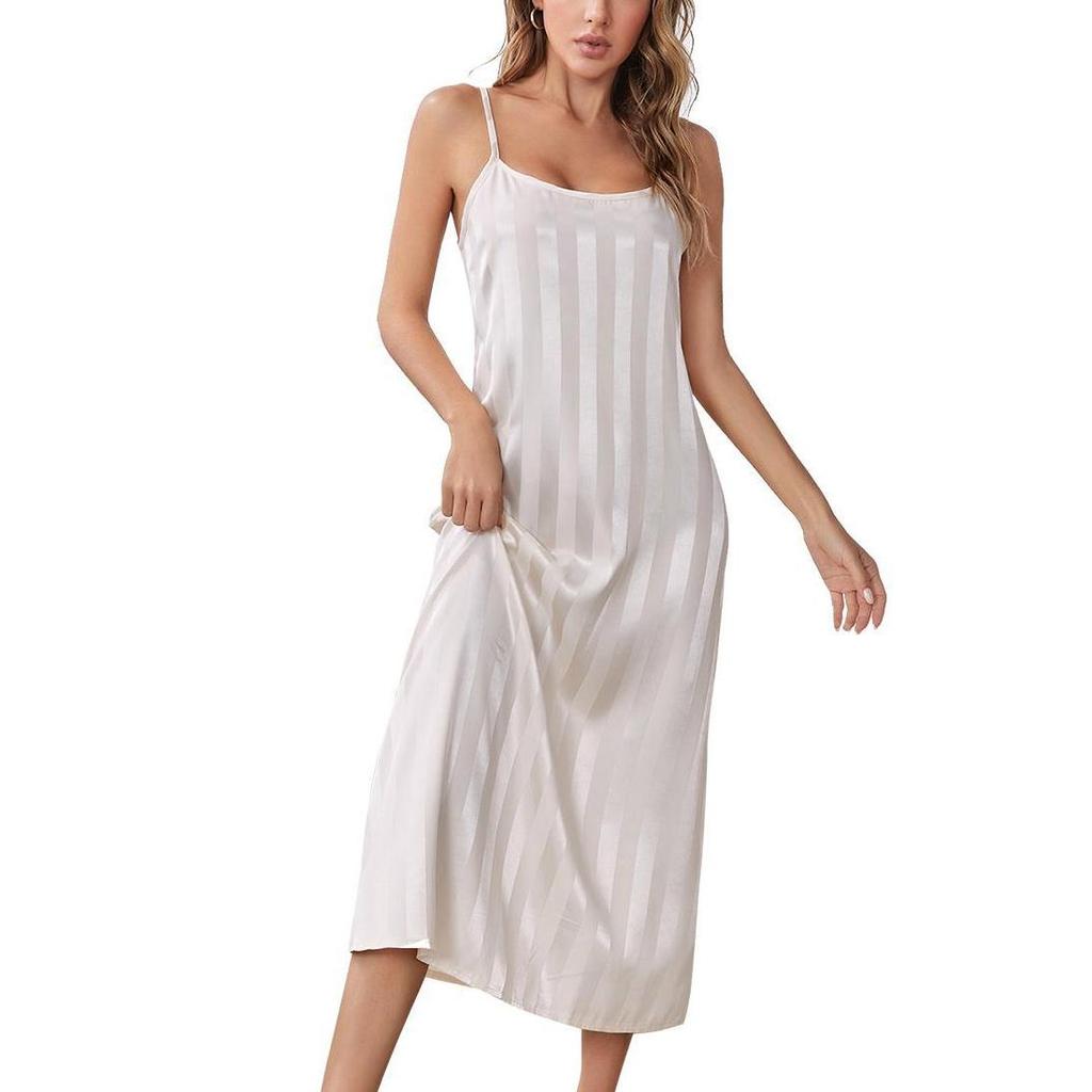 Women’s Nightgown Slip Night Dress 2 Pieces Set Satin Stripe Pajamas Dressing Gown Robe Sleepwear Home Wear Spring Autumn Sleep Lounge Clothes