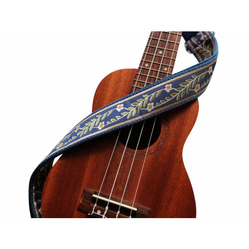 MUSIC FIRST Original Design Vintage Blue "Jasmine" Soft Mesh Belt & Genuine Leather Ukulele Strap, Ukulele Shoulder Strap with One Branded Strap Locke