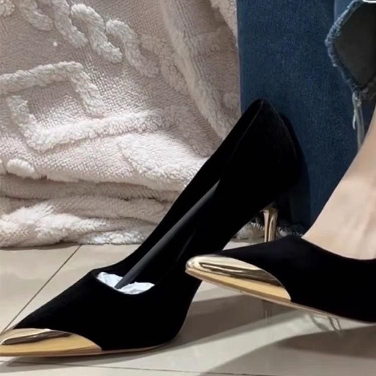 Light Luxury Black Suede High Heels Women's Thin Heels 2025 New Spring and Summer Banquet Temperament Imperial Sister Shallow Mouth Pointed Single Sho