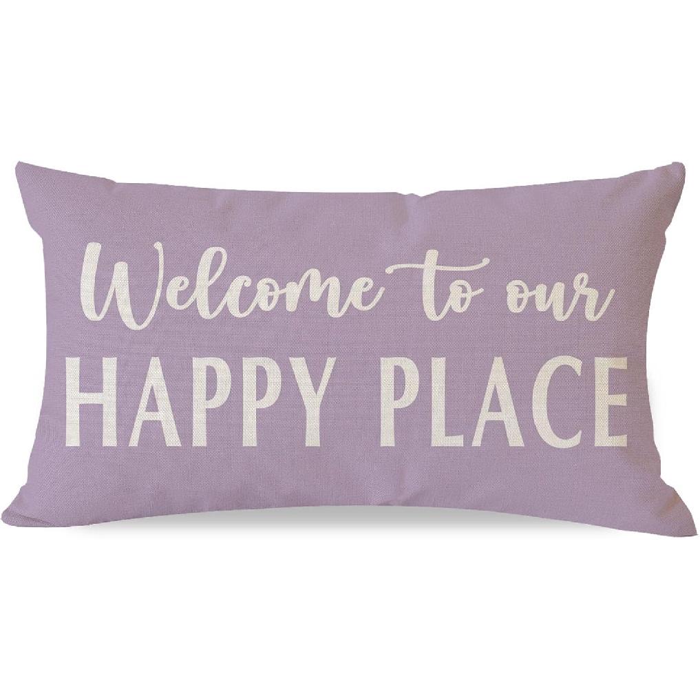 Decorative Throw Pillow Cover 12x20 Inch Welcome to Our Happy Place Black White Outdoor Modern Farmhouse Front Porch Patio Decor Lumbar Cushion Case