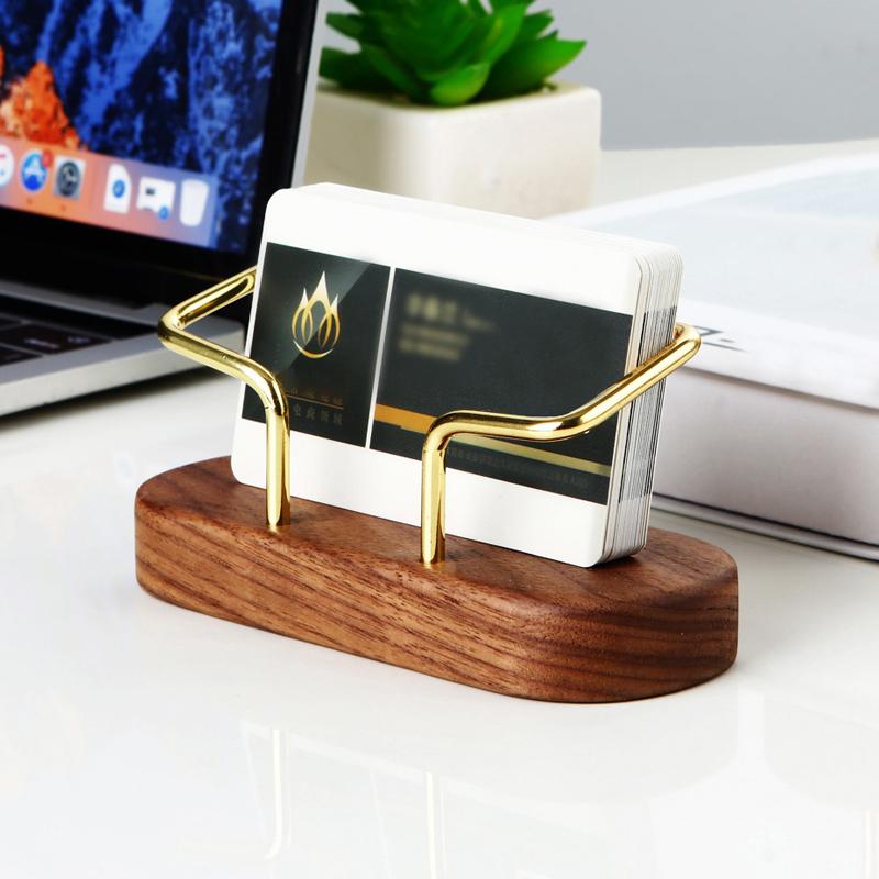 Wooden Business Card Holder Metal Organizer Office Desk Display Stand Memo Counter Accessories Tabletop Card Holder Storage