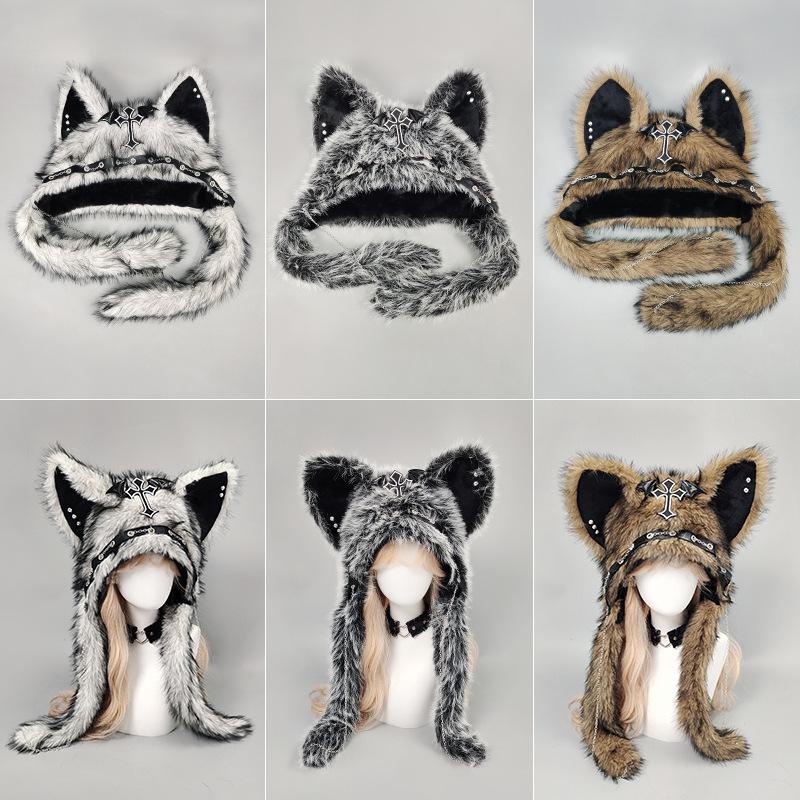 Готическая ручная работа Средневековый крест Пушистая шапка Женская панк Волк Кошачьи уши Плюшевый головной убор Готическая тьма Реквизит для косплея Ветрозащитные Горро