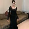 Atmospheric Korean-Style 2025 Black Fishtail Dress for Women