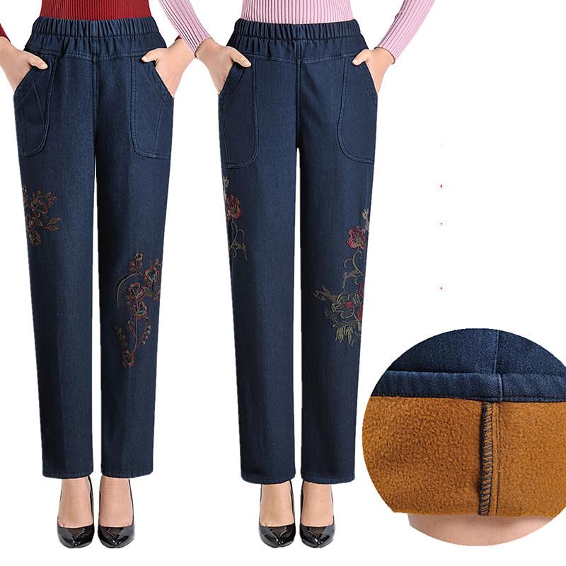 Женская зимняя и осенняя одежда среднего возраста плюс флисовые джинсы Женская свободная одежда с высокой талией для мам Бабушкиная одежда Женские брюки больших размеров