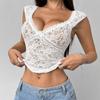Новый летний сексуальный кружевной V-образный вырез, прозрачный, утягивающий и обтягивающий короткий топ
