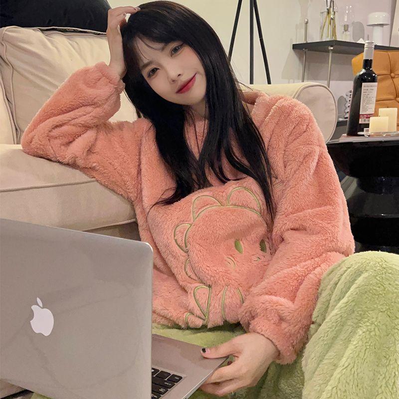 Maiden Flannel Pajamas Female Autumn Winter New Style Sweet Cardigan Can Be Worn Outside Coral Fleece Loungewear Set Pajamas
