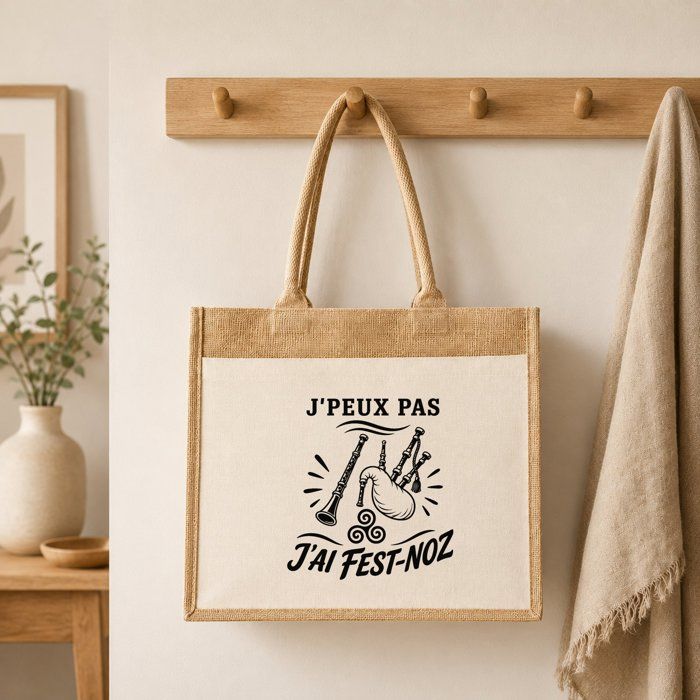 Sac Cabas Jute avec Poche J’peux pas j’ai Fest-noz J'peux pas minimaliste | Toile de Jute et Coton 21 L Fond Plat Anses 65 cm