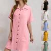 Fashionable Women's Casual Solid Color Buttoned Mid-length Short-sleeved Loose Dress