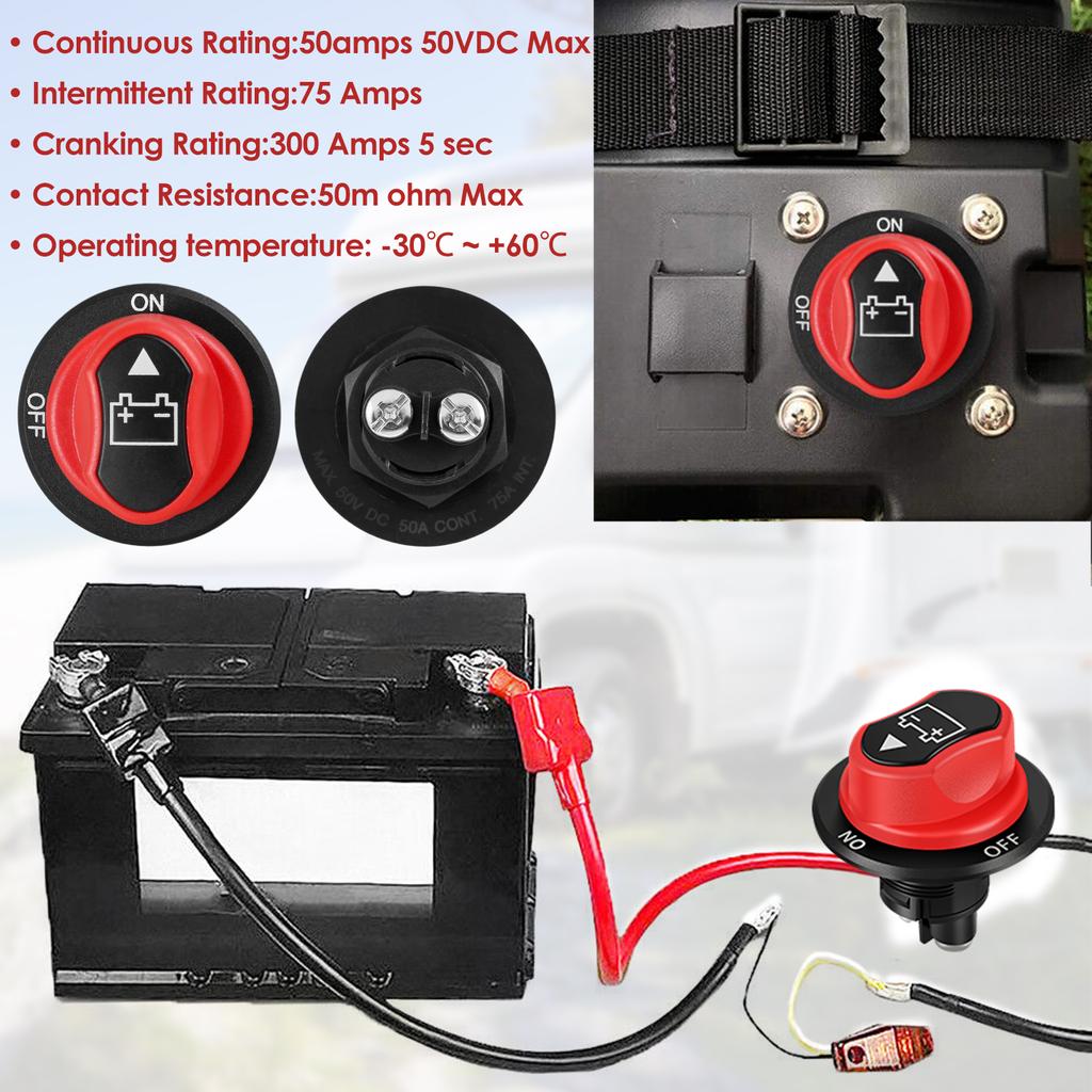 Car Battery Disconnect Switch 12V-48V Battery Power Cut Off Switch 50A/100A Heavy Duty Reusable Plastic Battery Isolator Switch