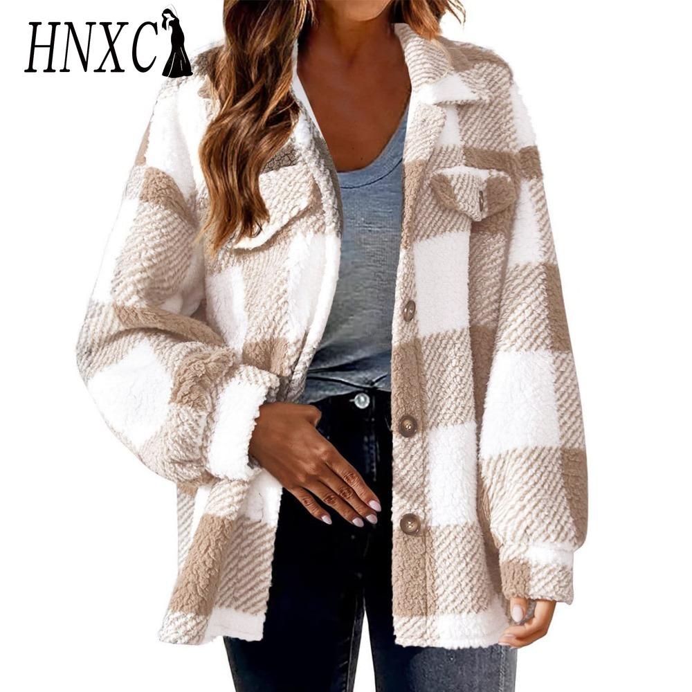 HNXC Женские винтажные повседневные решетчатые куртки и пальто с длинным рукавом и воротником-поло на осень-зиму