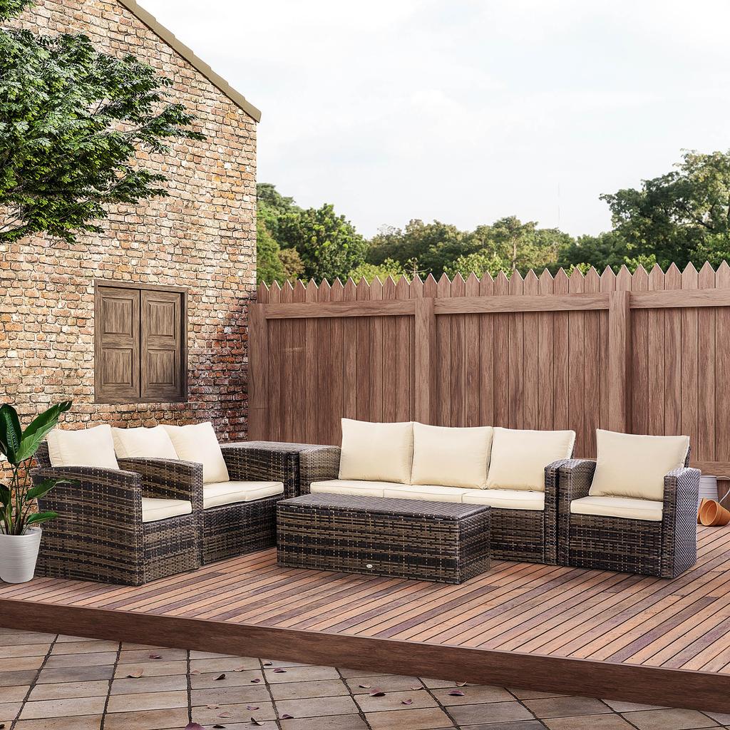 Outdoor Garden Rattan Set 6 Pieces Cushions Double Sofa 3-Seater Sofa 2 Armchairs 2 Side Tables Khaki
