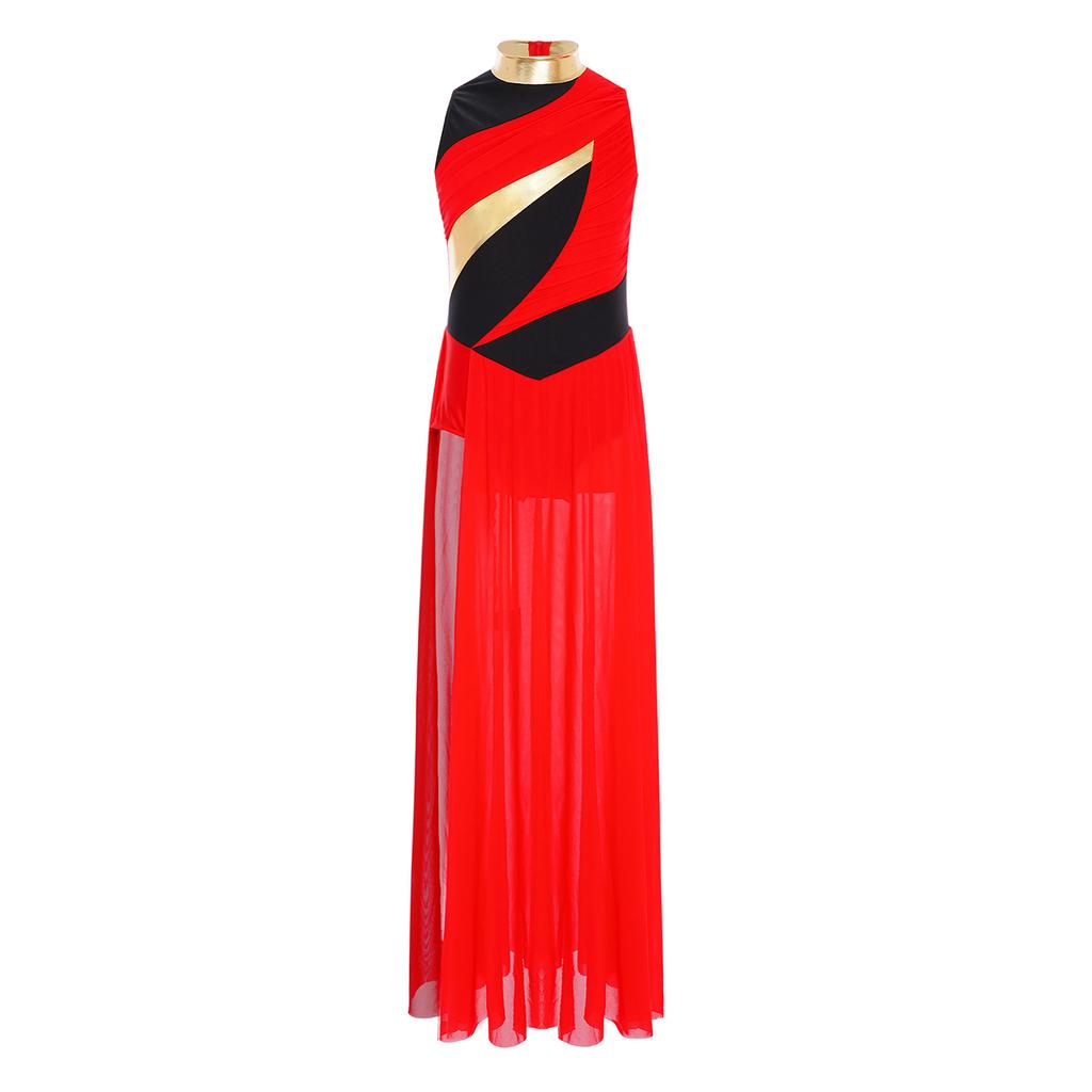 Современное танцевальное платье для девочек: Воротник-стойка с драпированным сетчатым лифом, боковой разрез и дизайн Color Block для сценического выступления