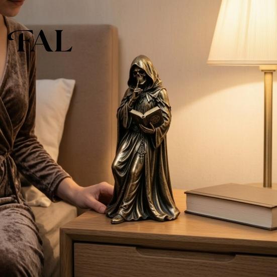Жуткая спальня Дисплей Готический Жнец с капюшоном Читающий книгу Статуэтка из смолы, Мистический Череп Волшебника Фигурка Художественная Статуэтка Настольный Декор для книжной полки,