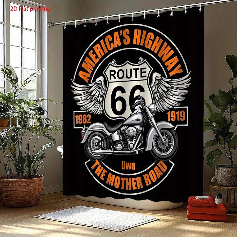 Шторка для душа с мотоциклом Route 66 Ретро-дизайн американского шоссе с хромированным мотоциклом и крыльями Шторка для душа с крючком