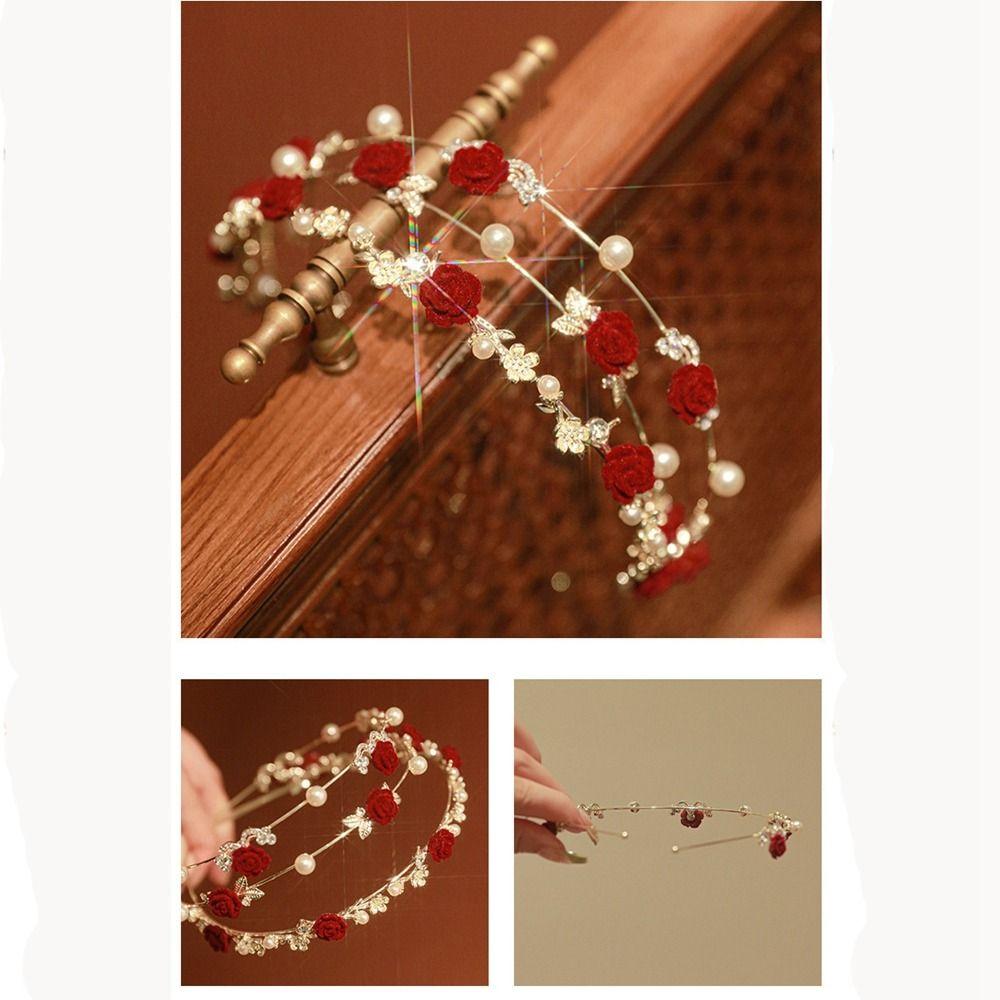 French Red Rhinestone Female Hair Accessories Pearl Hair Hoop Korean Style Headwear Rose Headband