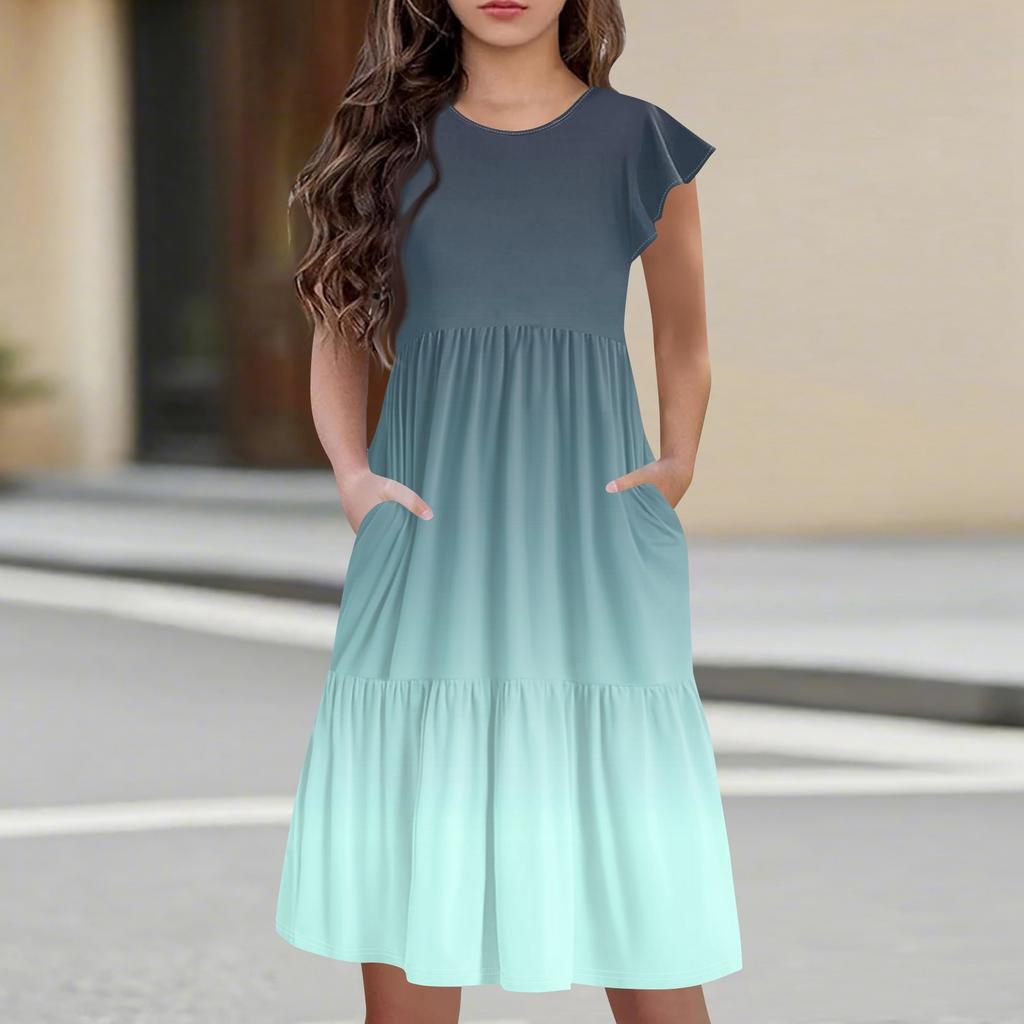 Детская юбка с круглым вырезом, плиссированная, с коротким рукавом, юбка принцессы, модное повседневное платье с карманами для девочек