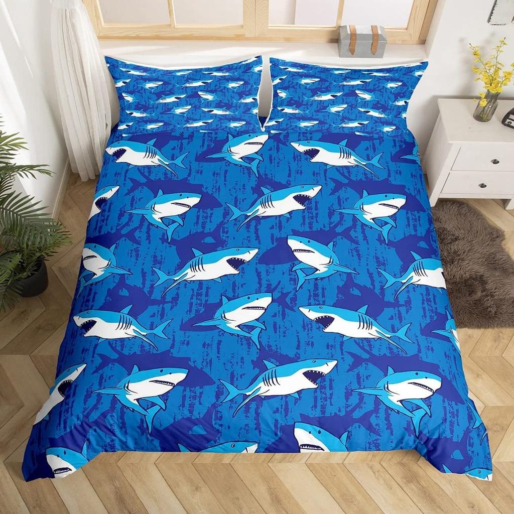 Пододеяльник с изображением акулы, комплект постельного белья с изображением глубоководных животных, мультяшные акулы океана, красочный нарисованный вручную пододеяльник для детей, мальчиков и девочек